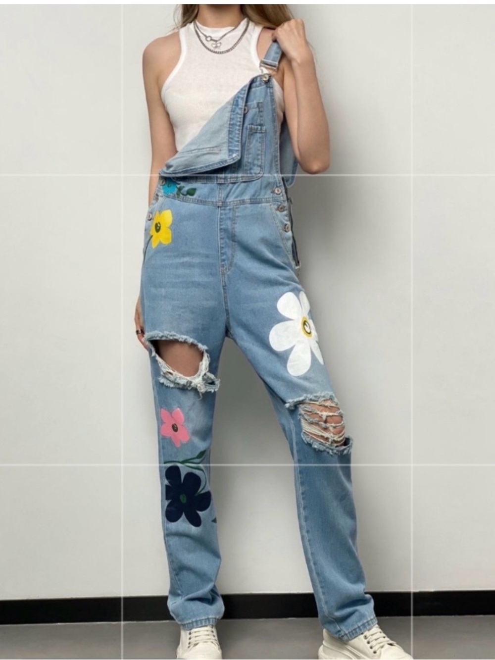 Miss Look Light Blue Floral Distressed Denim Overalls - Women Jeans in small new